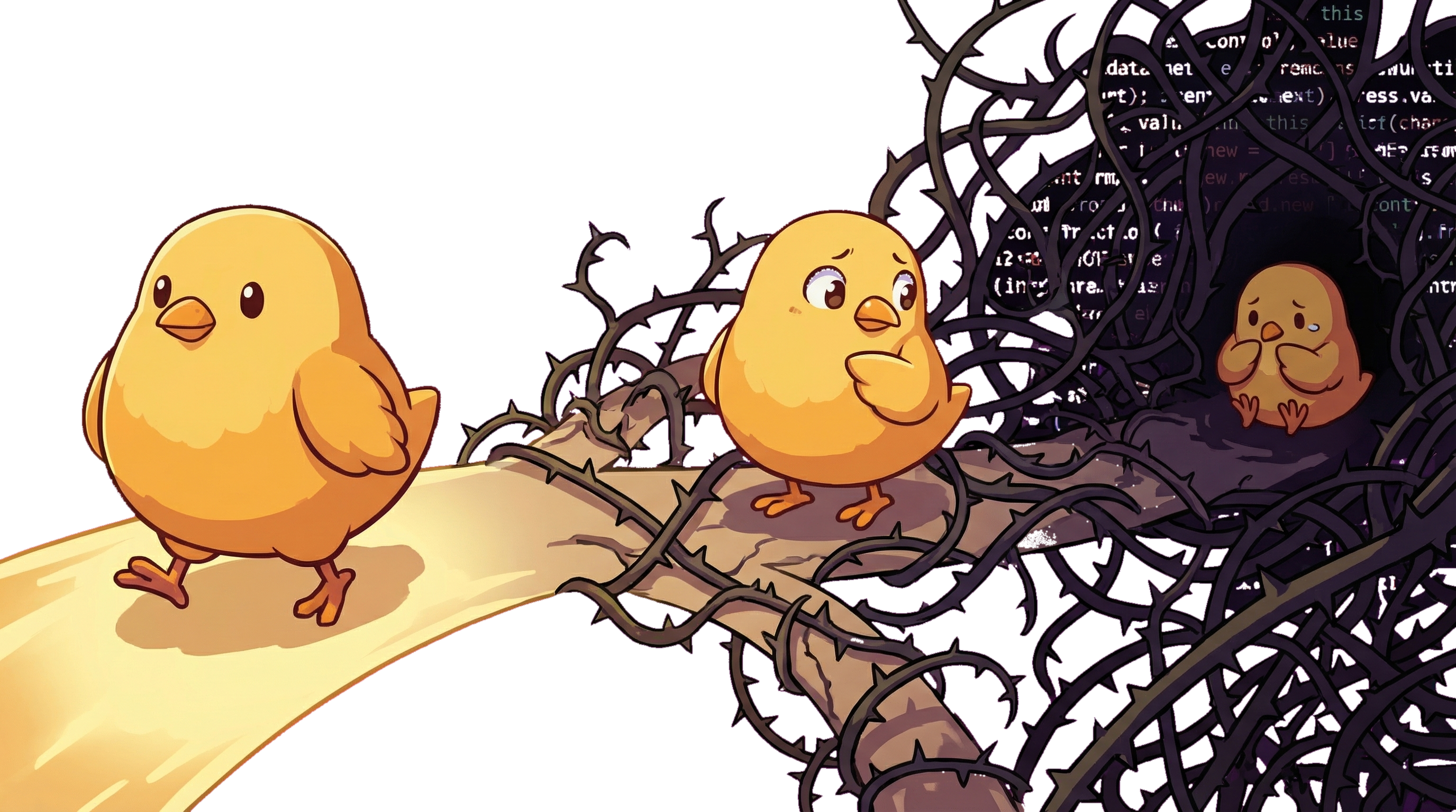 A bird walking on a path that gradually becomes dark and tangled — getting more lost at each step